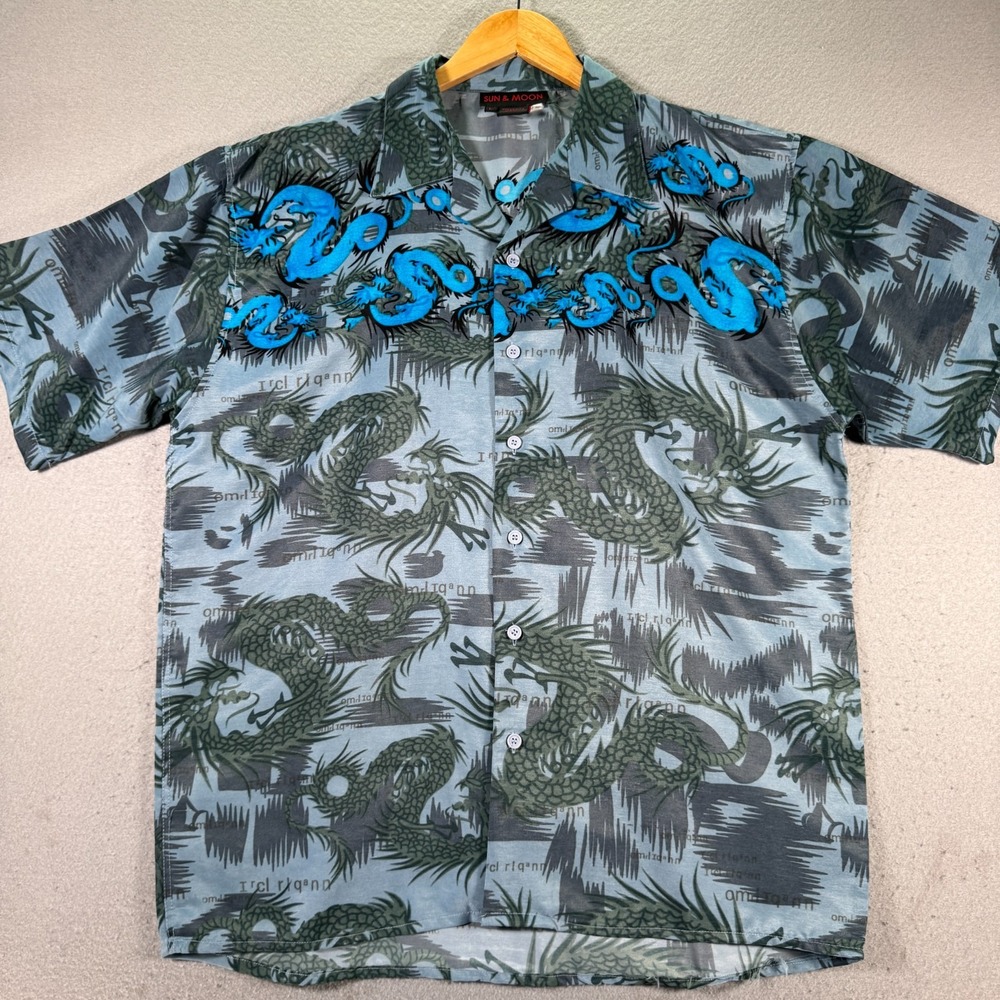 Vintage Sun and Moon Dragon Kenji Button Up Shirt‎ Mens Large Blue Trendy Y2K